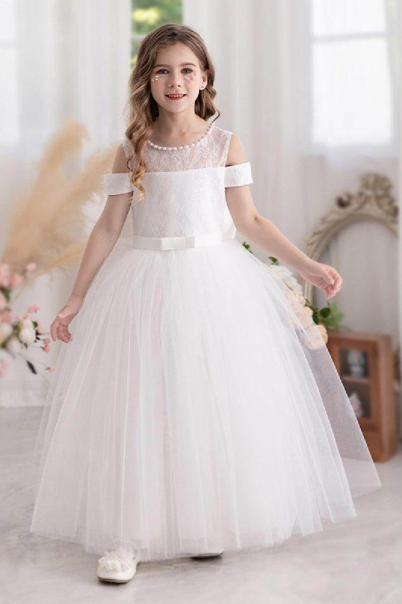 Ball-Gown/Princess Off the Shoulder Short Sleeves Tulle Floor-length Flower Girl Dresses With Lace 741957862179 - COCOMELODY